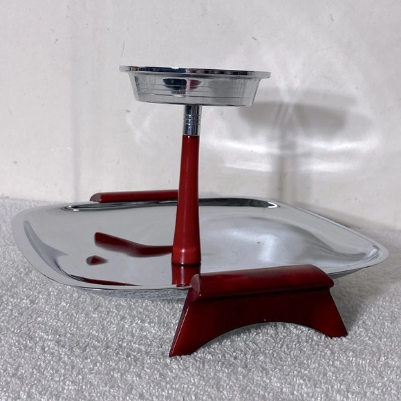 Vintage Glo Hill Gourmates Chrome Serving Tray W Cherry Red Bakelite Accents - Picture 2 of 13